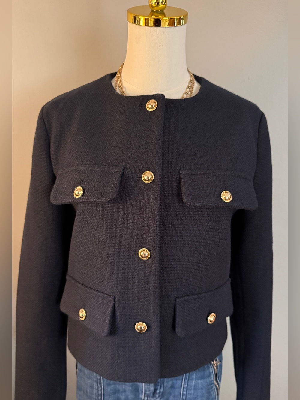 Zara Navy Textured Boxy Blazer with Gold Buttons